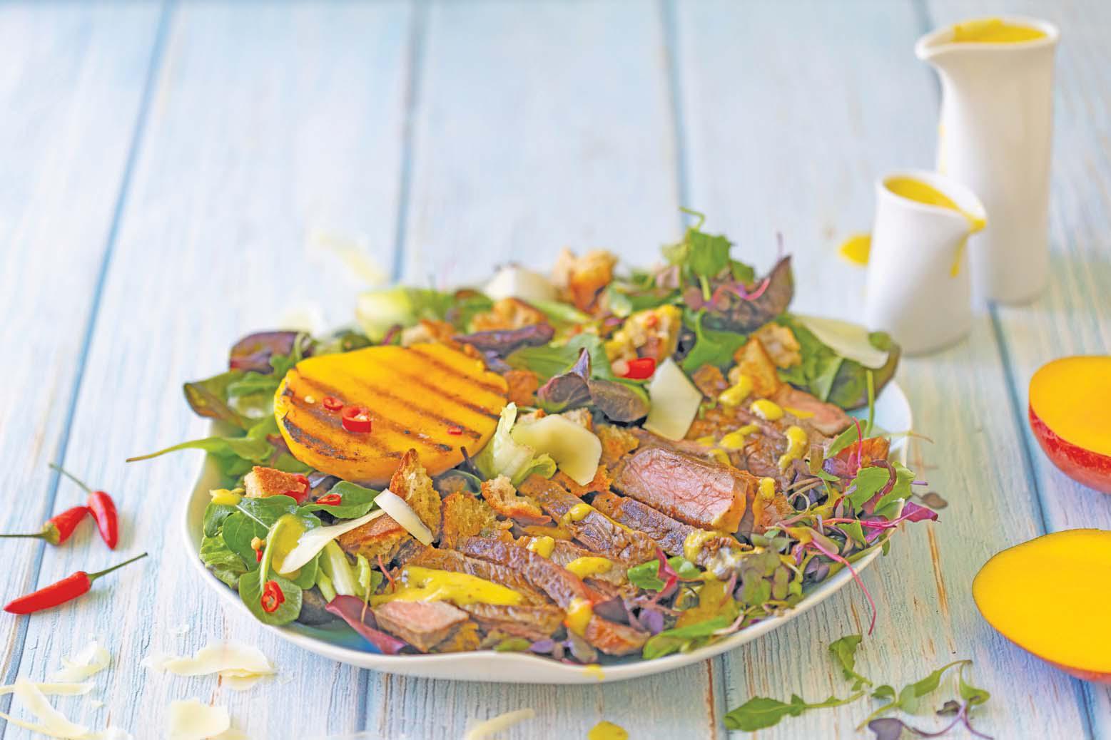 Charred mango and steak salad