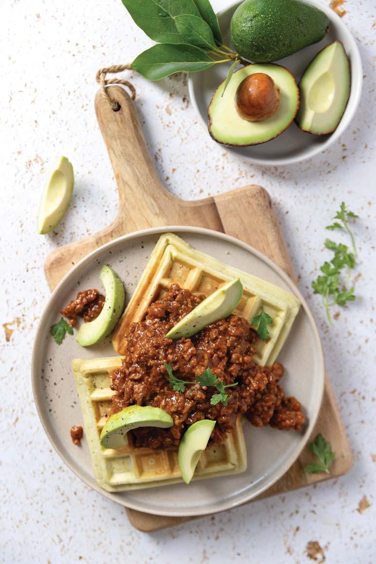 Avo waffles with savoury mince