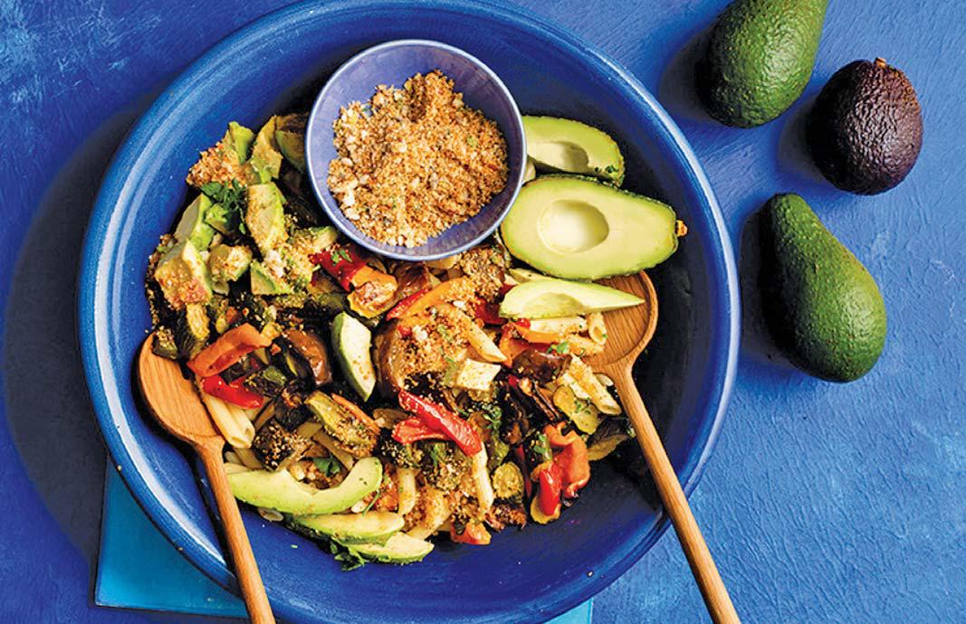 Balsamic roasted veggies with penne and avocado