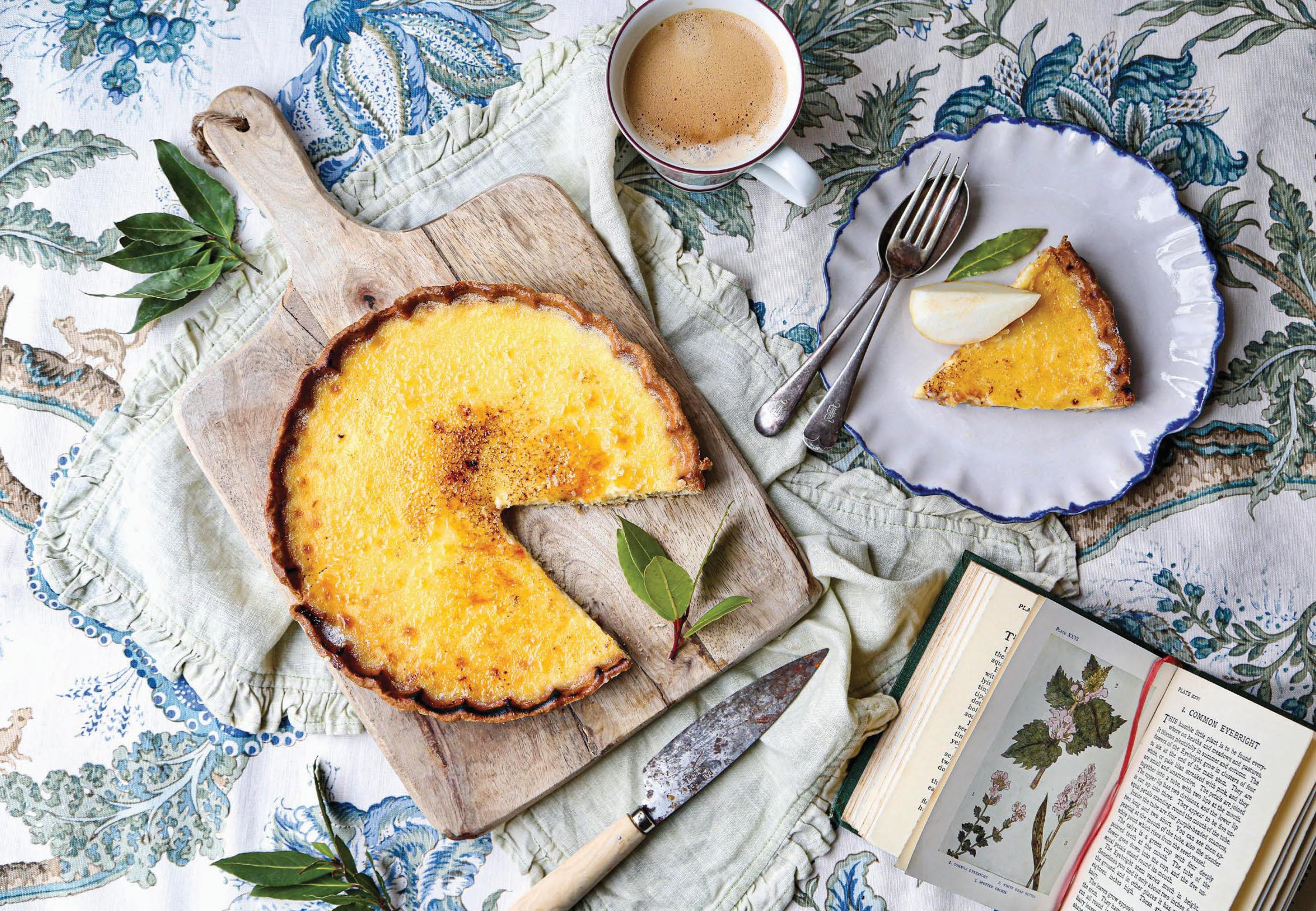 Bay and vanilla crème brûlée custard tart with poached pears