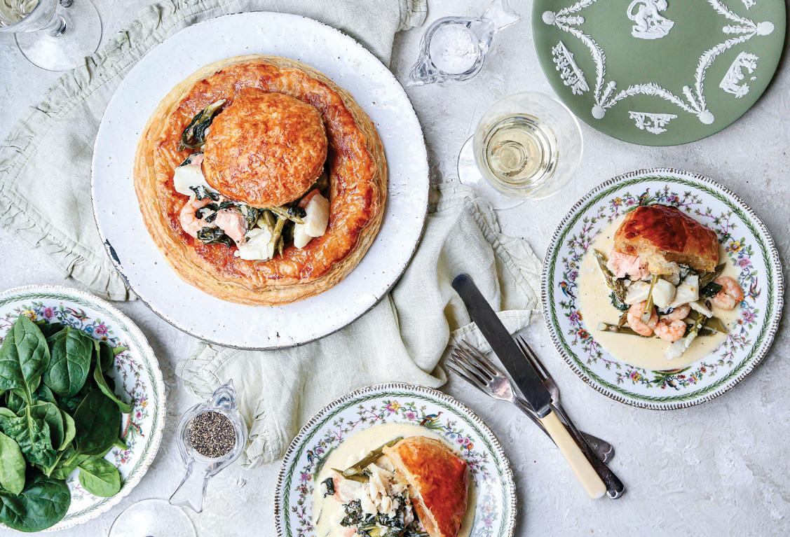 Seafood, spinach and asparagus puff-pastry cloud
