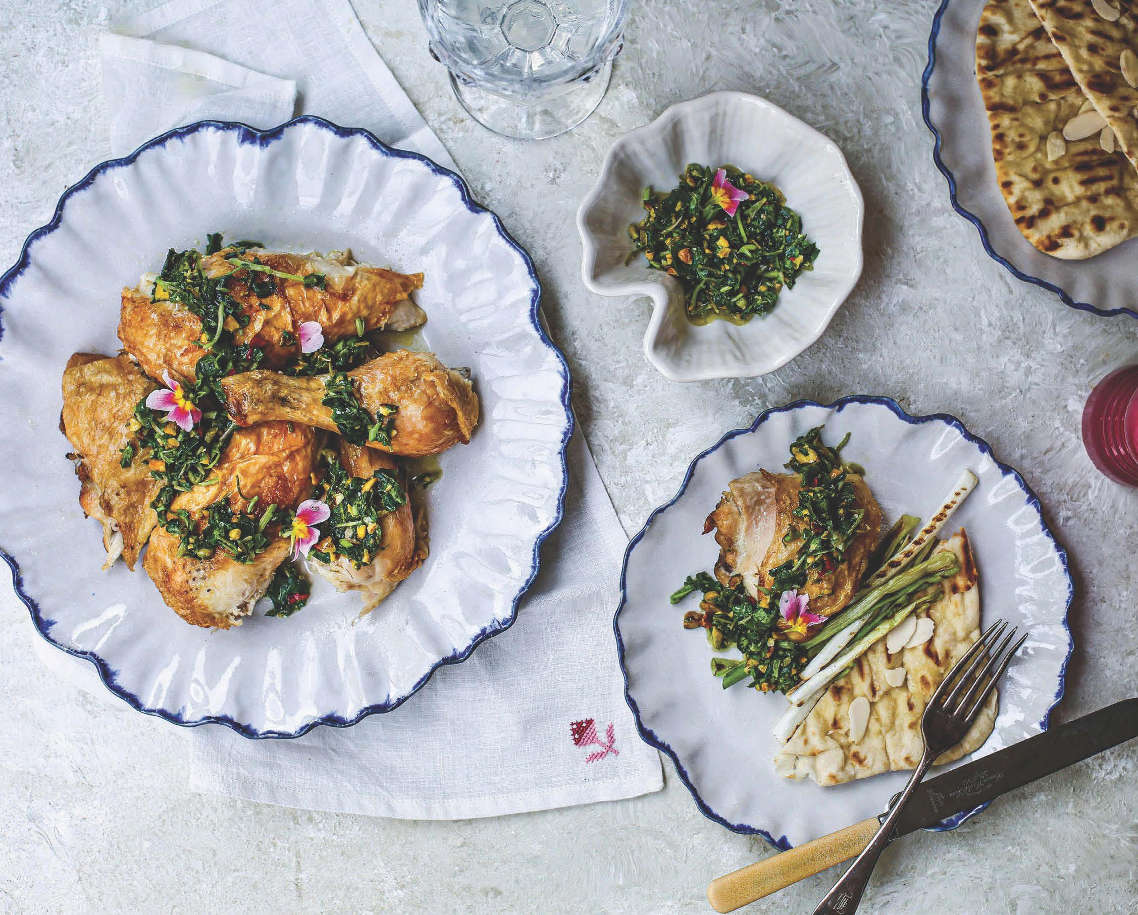 Watercress and pistachio chimichurri spatchcock chicken