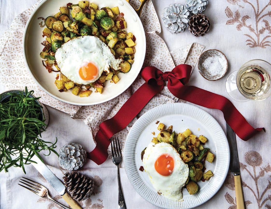 Brussels sprout and potato gröstl with pancetta and fried eggs