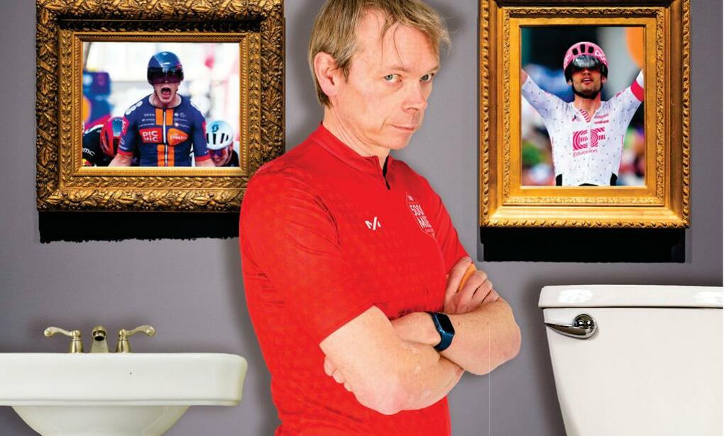 "In my downstairs loo my head may look funny, but my shins are bang up to date"