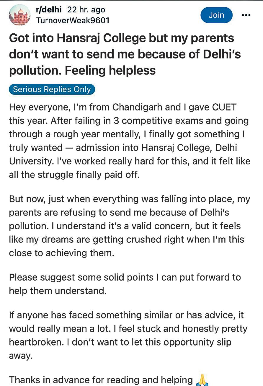 Student gets admission to DU’s Hansraj College, but parents refuse over pollution