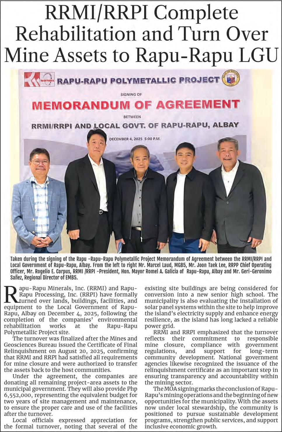 RRMI/RRPI Complete Rehabilitation and Turn Over Mine Assets to Rapu-Rapu LGU