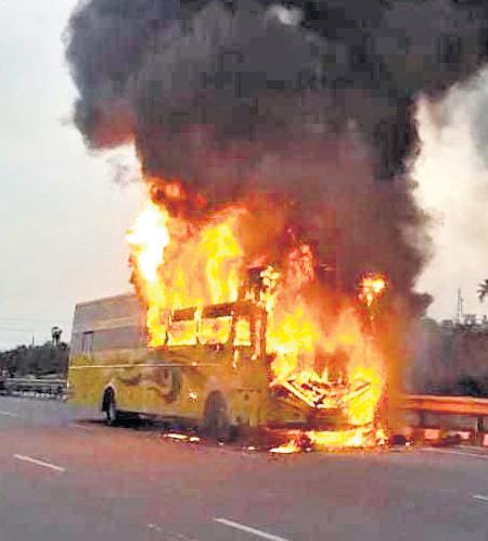 Close shave for 36 as bus catches fire at Sholavaram
