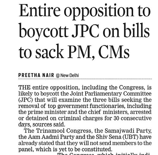 INDIA bloc to boycott JPC on bills to oust tainted CMs ministers, Cong tells Rijiju