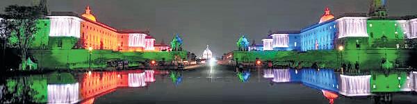Tricolour lights, flags and floral boards brighten Lutyens' landmarks, streets