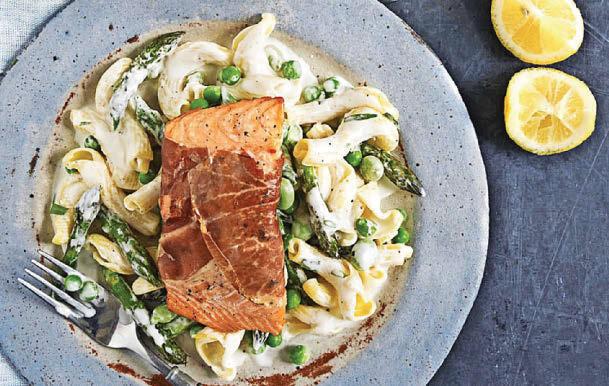 Simple salmon with spring pasta