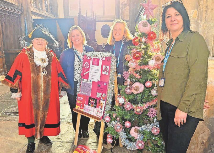 Important message behind a pink Hull Christmas tree