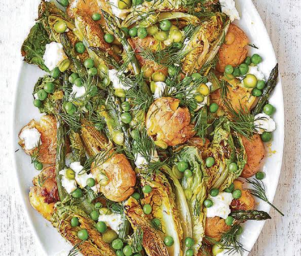 Roasted asparagus and smashed new potato salad