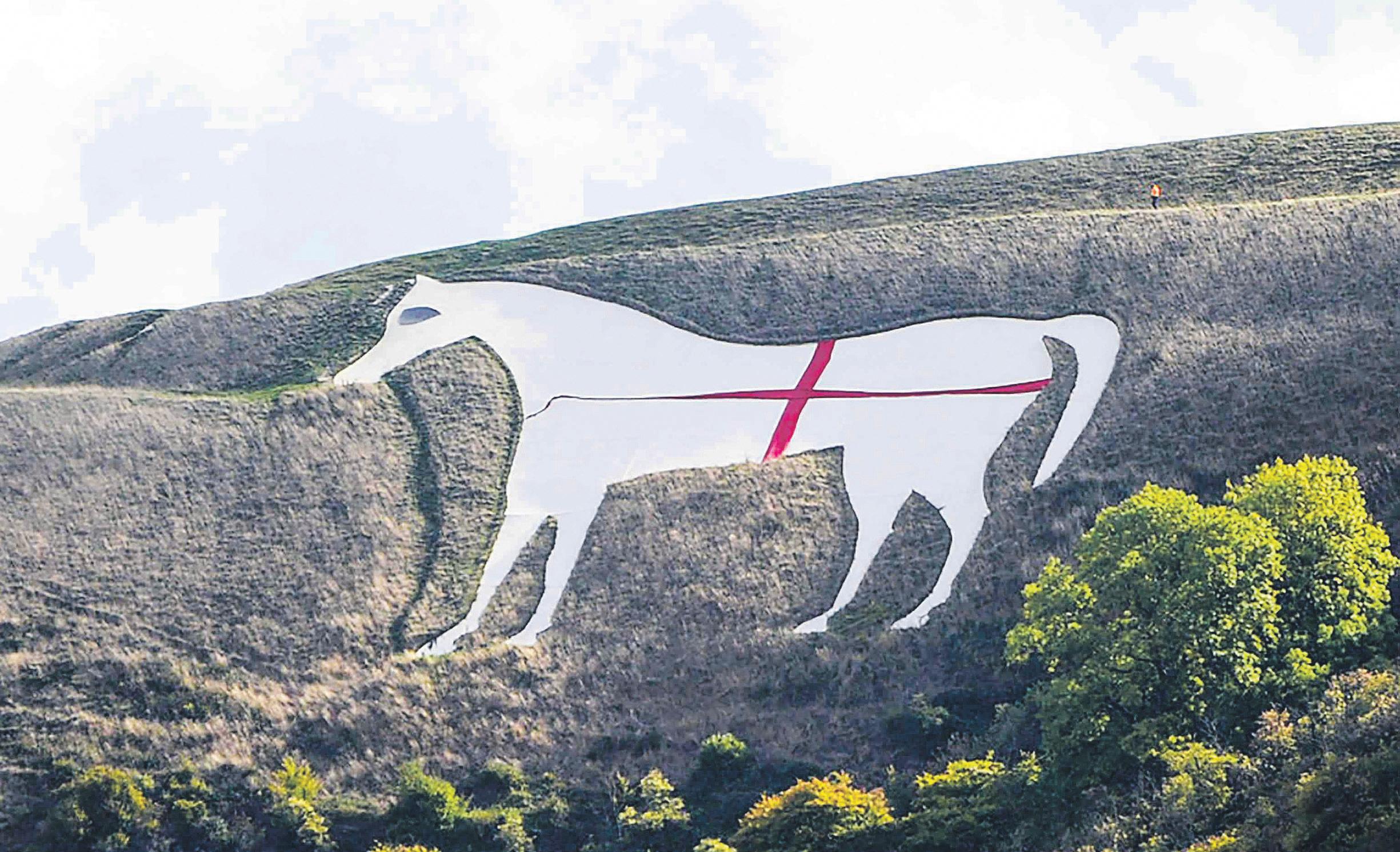 Red fabric used to pin St George's cross on Westbury white horse