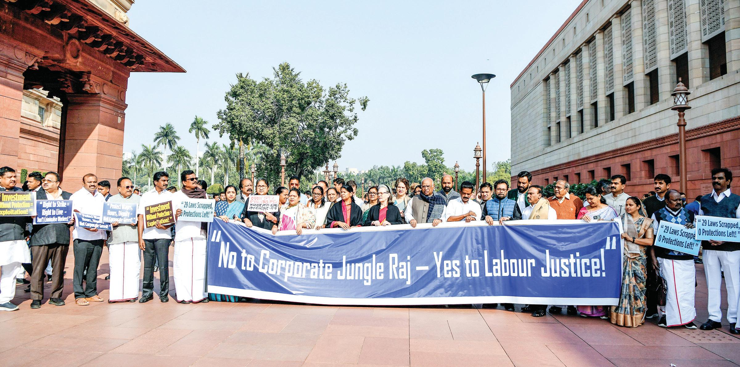 Oppn leaders protest against new labour codes; Kharge calls govt 'anti-worker'