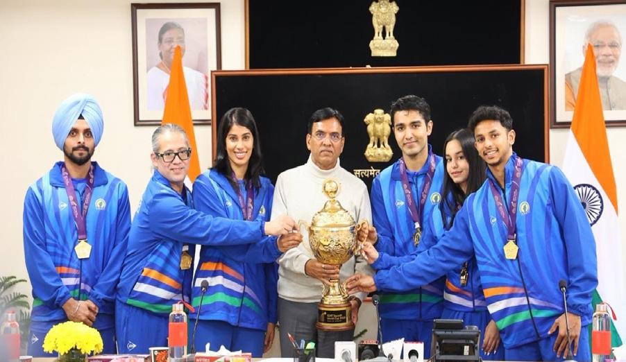 Mansukh Mandaviya felicitates historic World Cup-winning Squash team