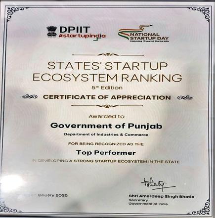 भारत सरकार द्वारा जारी राज्यों की स्टार्टअप इकोसिस्टम रैंकिंग में पंजाब फिर से अग्रणी