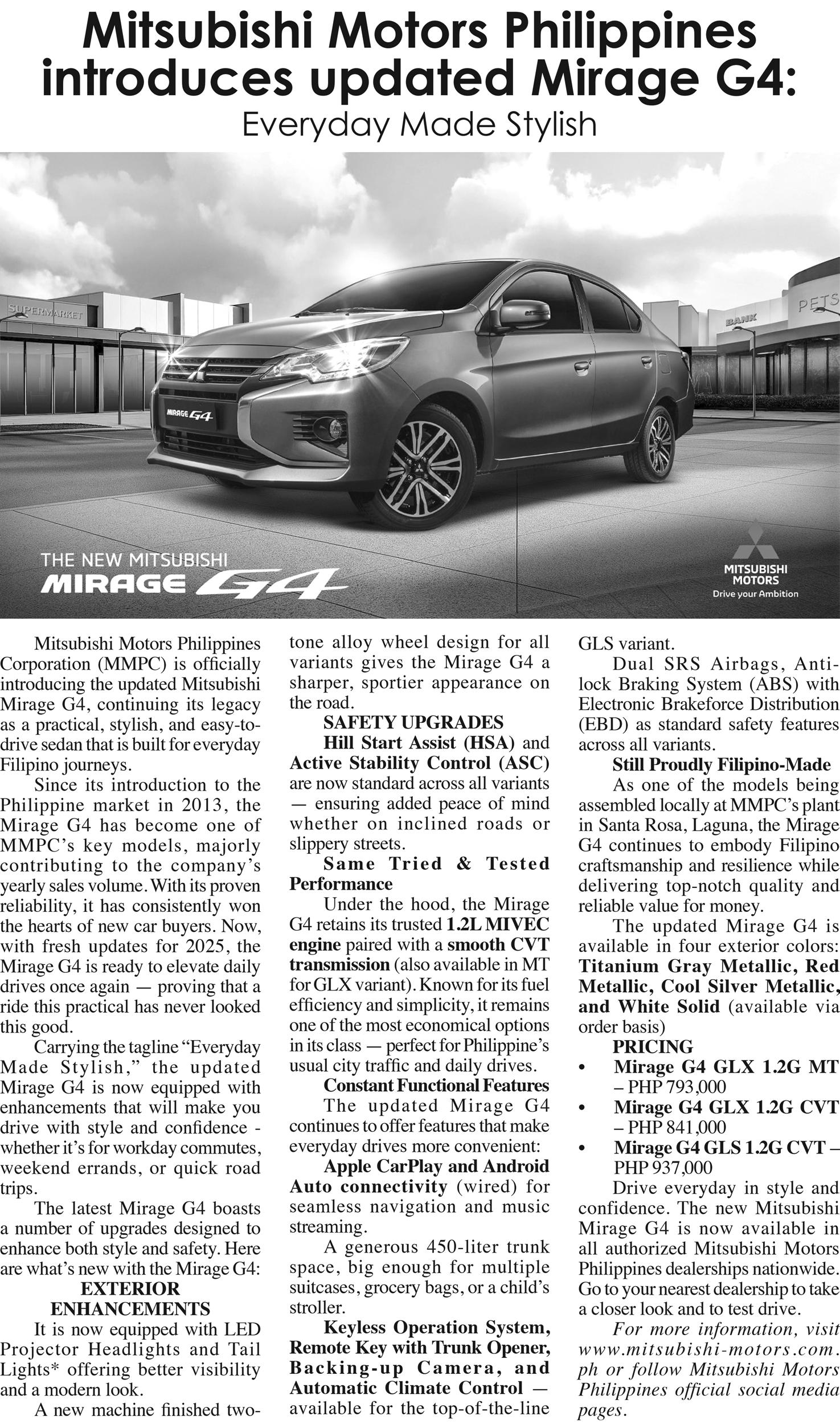 Mitsubishi Motors Philippines introduces updated Mirage G4: Everyday Made Stylish