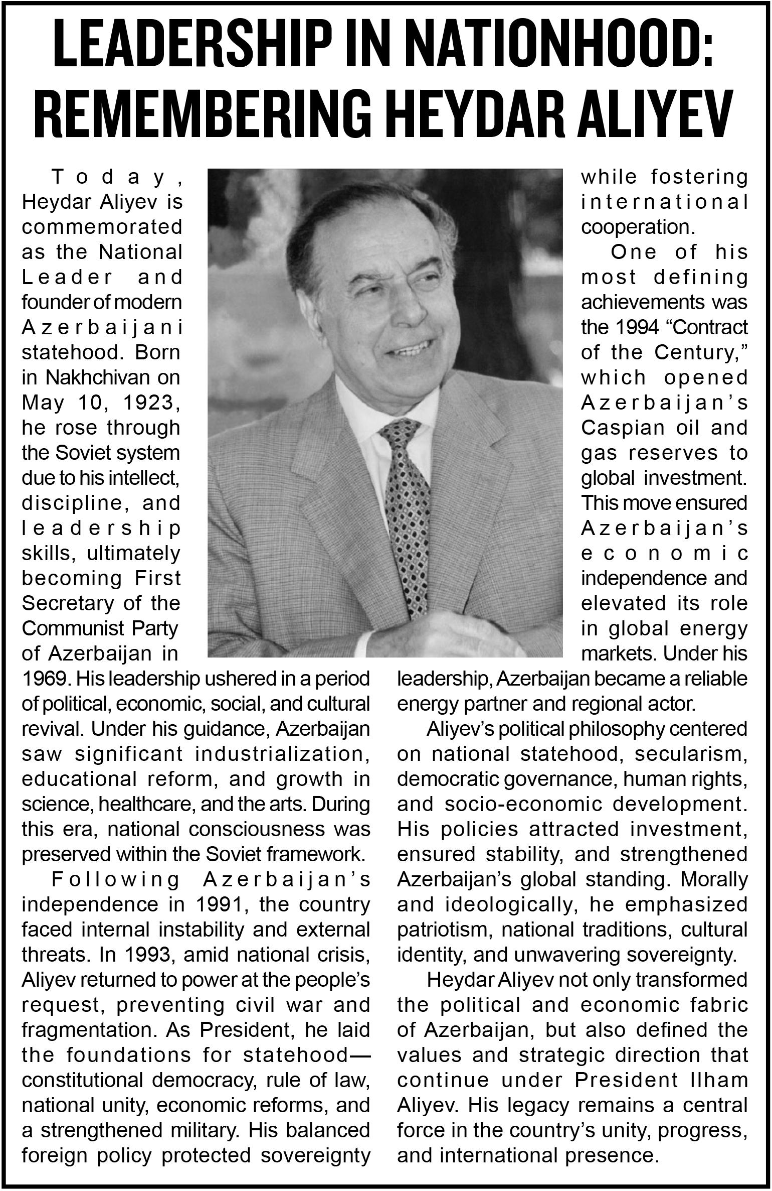 Leadership in Nationhood: Remembering Heydar Aliyev