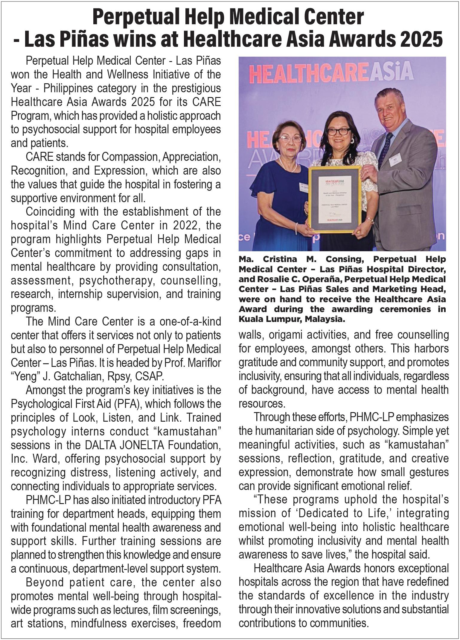 Perpetual Help Medical Center - Las Piñas Wins at Healthcare Asia Awards 2025