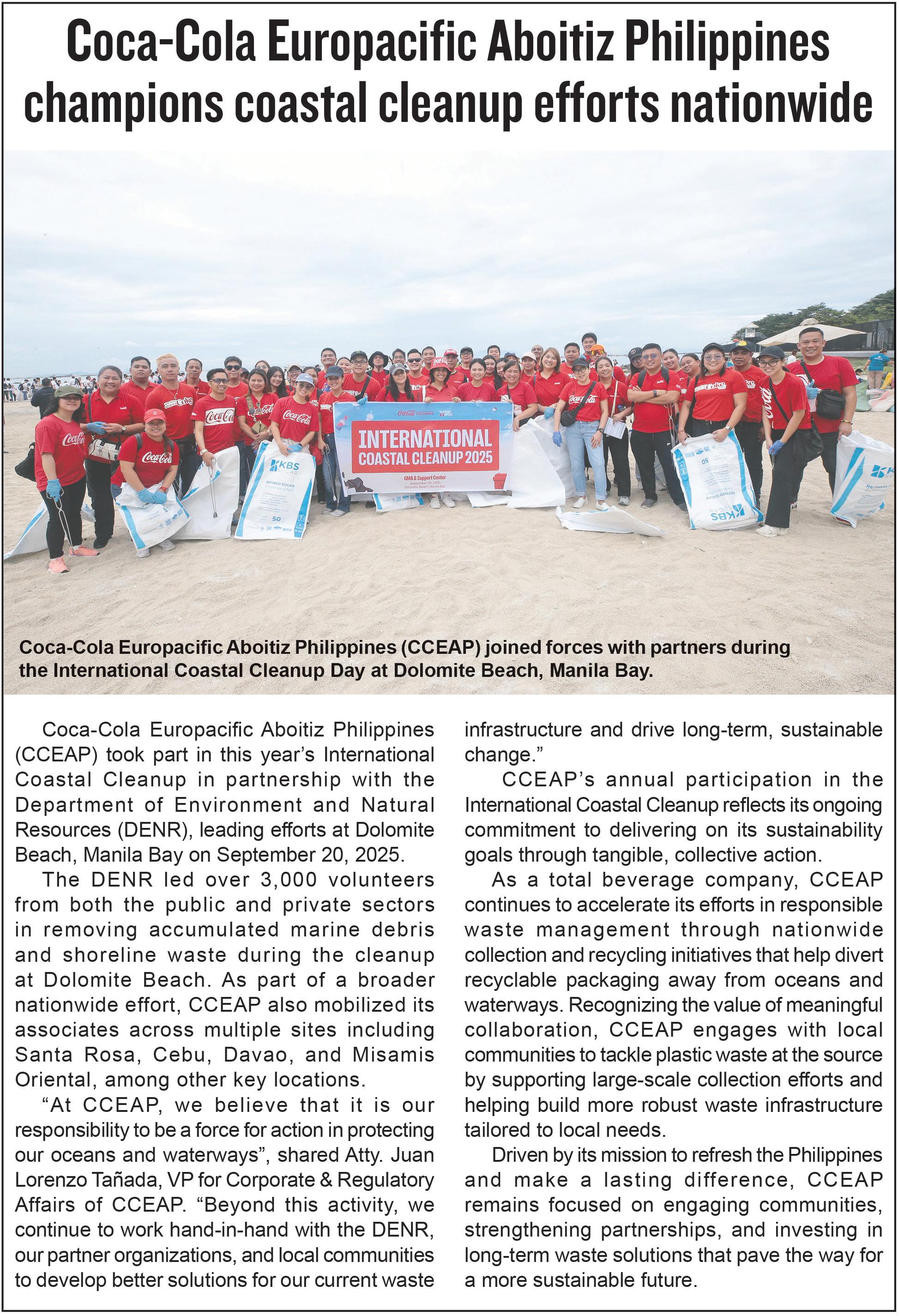 Coca-Cola Europacific Aboitiz Philippines champions coastal cleanup efforts nationwide