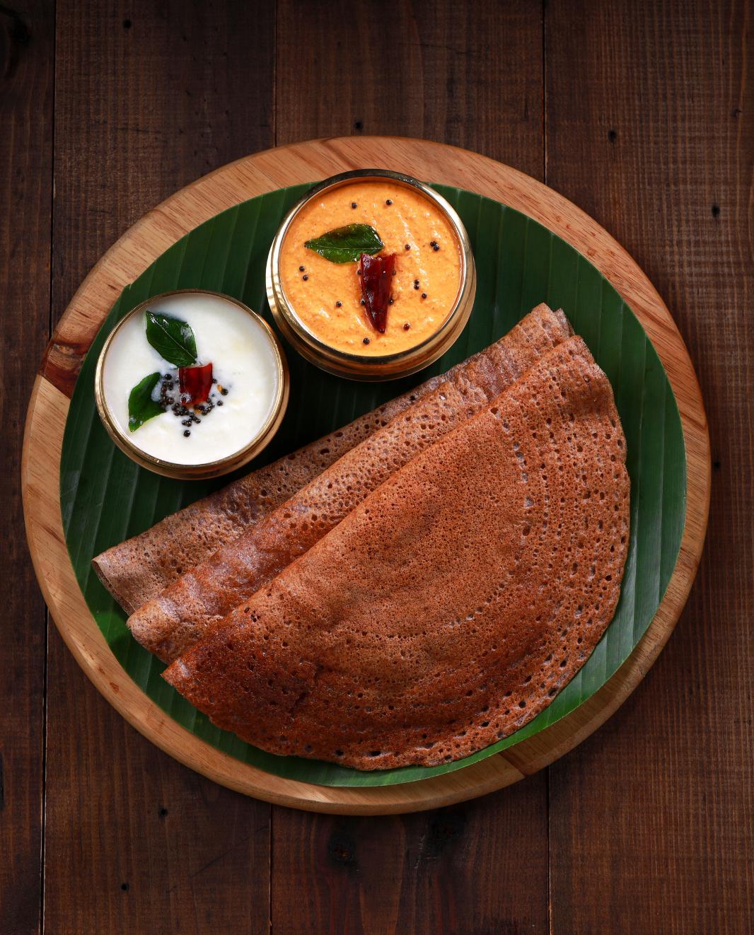 RAGI DOSAS WITH HERBED YOGURT & PICKLED VEGETABLES