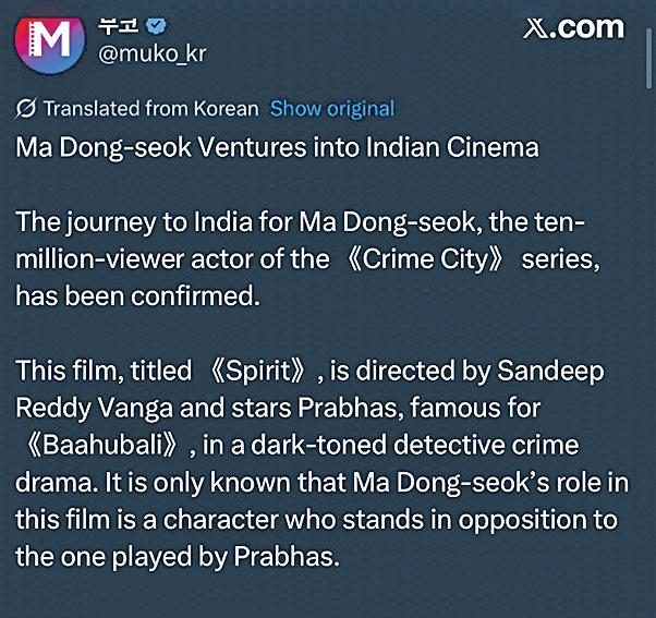 Don Lee to face off with Prabhas in Sandeep Reddy Vanga's Spirit?