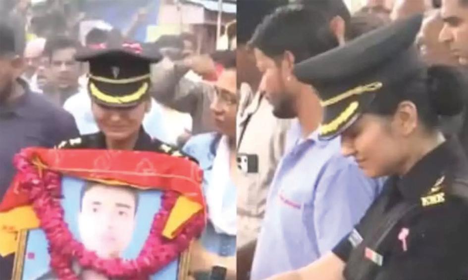 ஹெலிகாப்டர் விபத்தில் உயிரிழந்த விமானிக்கு ராணுவ சீருடையில் மனைவி கண்ணீர் மல்க அஞ்சலி