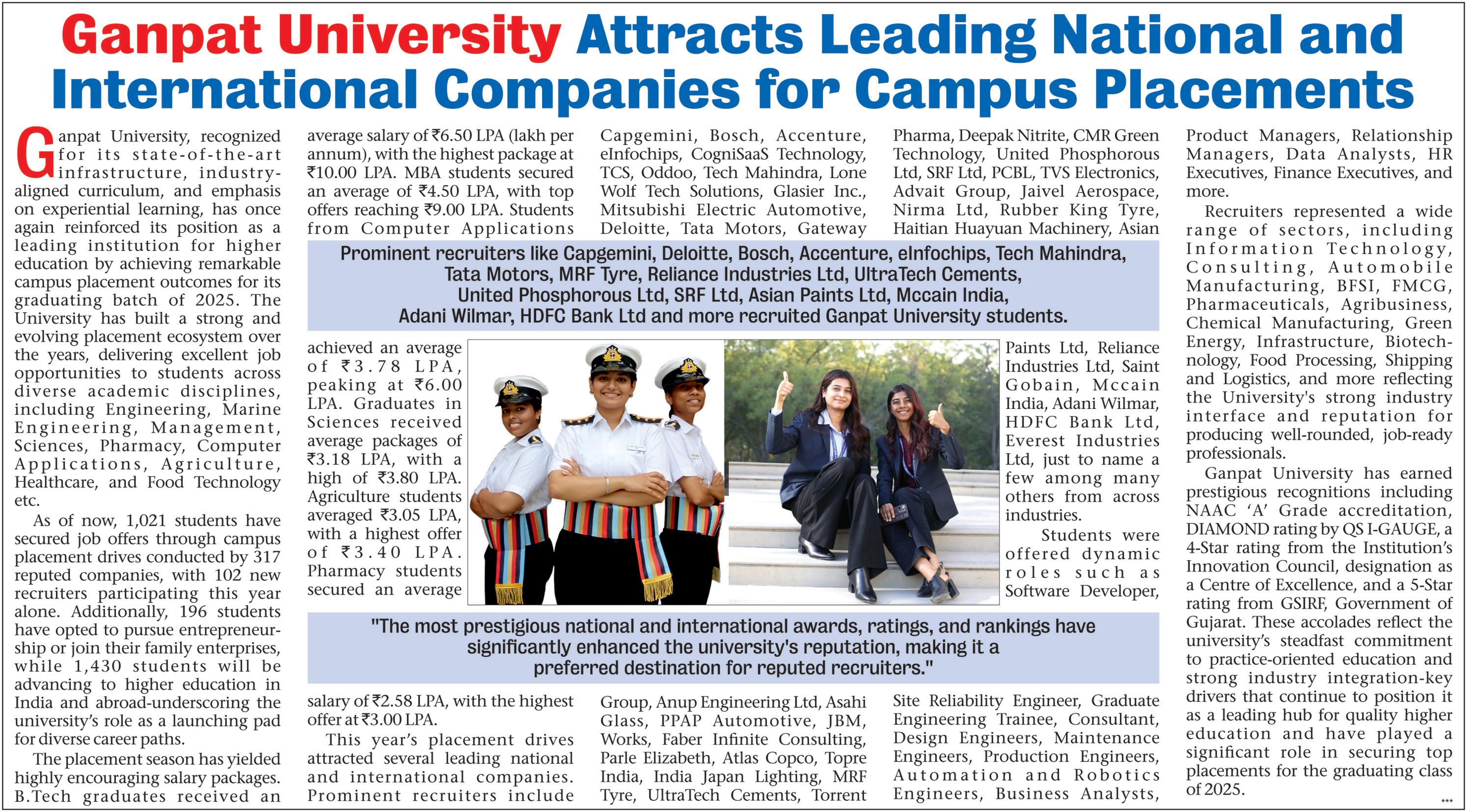 Ganpat University Attracts Leading National and International Companies for Campus Placements