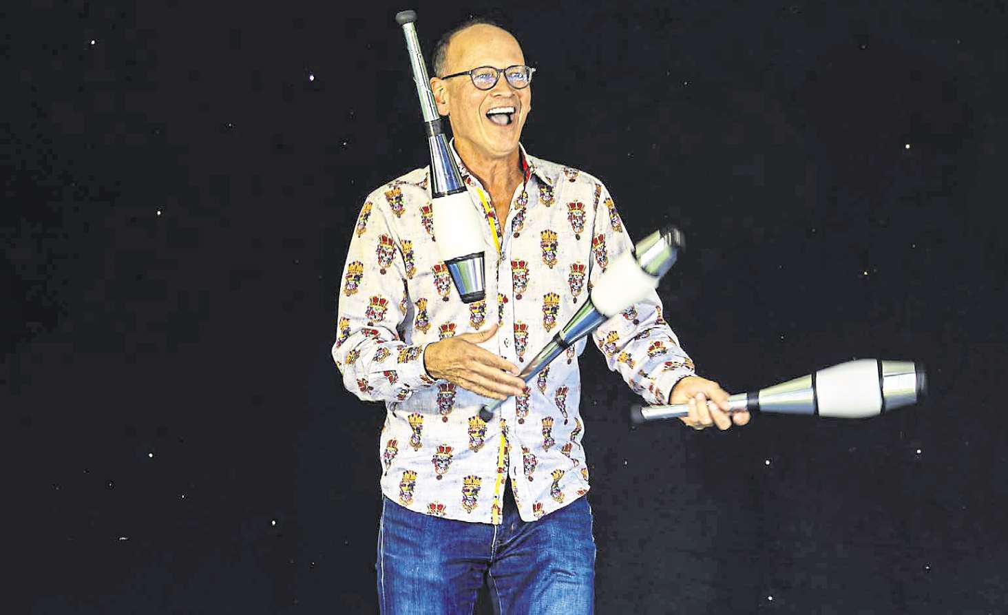 Playing out with Steve as he juggles props and jokes at break-neck speed