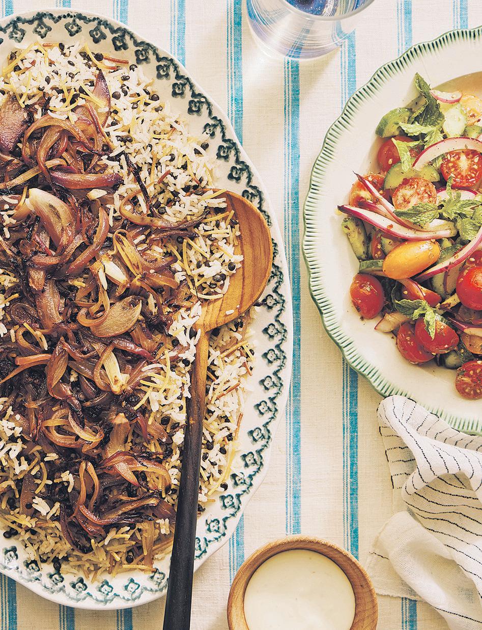 Mujadara With Spiced Yogurt and Cucumber-Tomato Salad