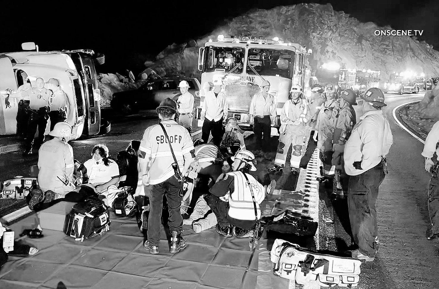 Bus full of teens flips over on downhill curve; 26 hurt